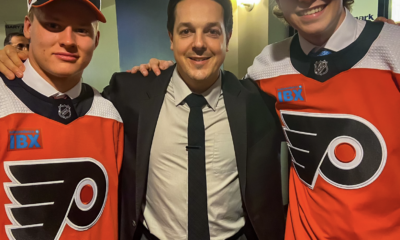 Matvei Michkov, Daniel Briere and Oliver Bonk (Photo from Flyers' Twitter)