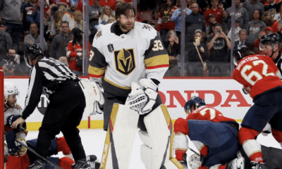 Vegas goalie Adin Hill, as game ends. (Photo from Vegas Golden Knights' Twitter account.)