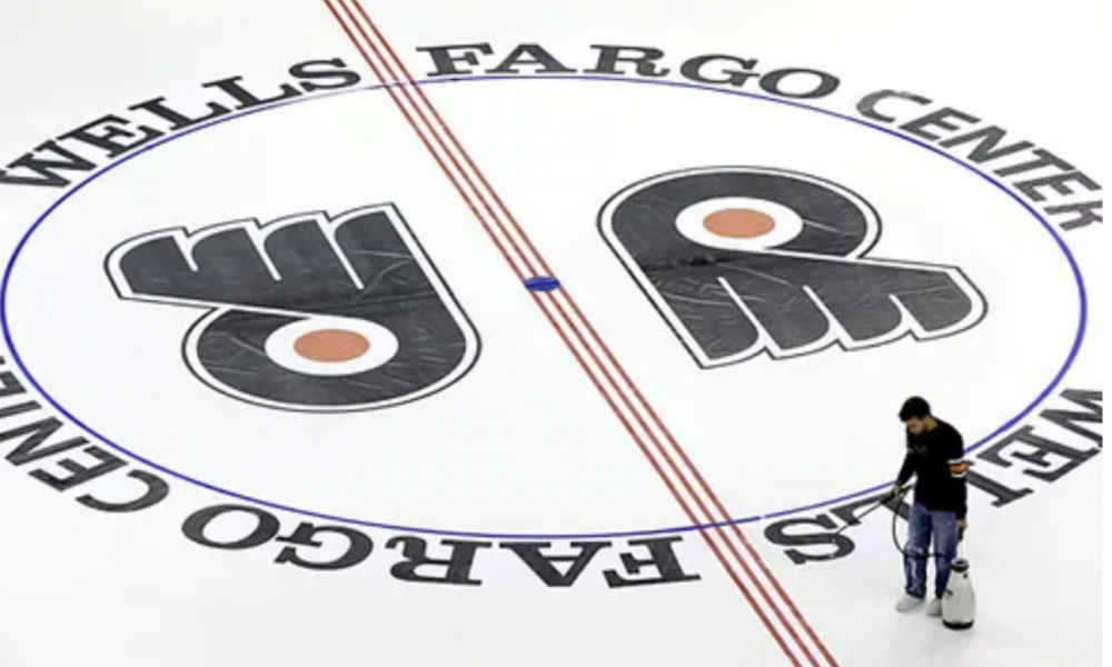 The Flyers' double logo at Wells Fargo Center (AP Photo)