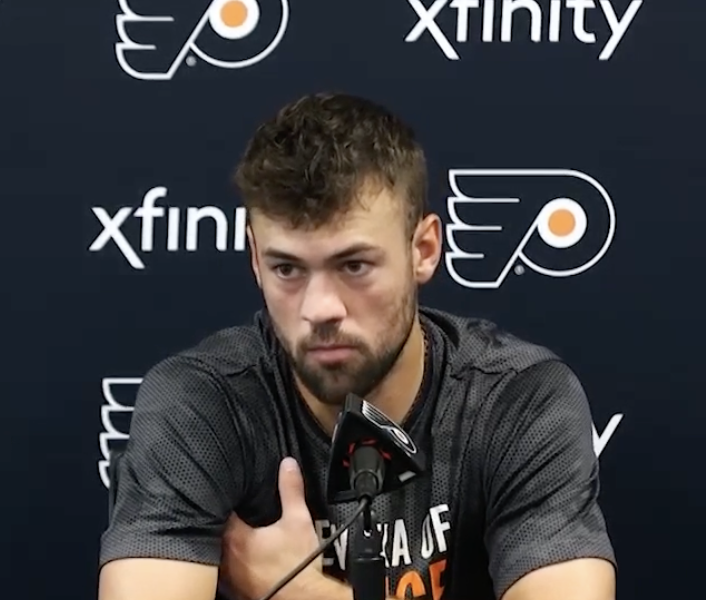 Ryan Poehling talks to media at Flyers Training Camp.