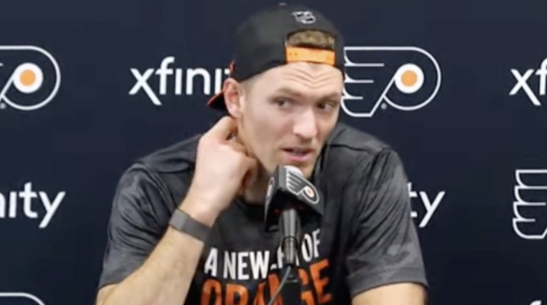Sean Couturier speaks to media at Training Camp.