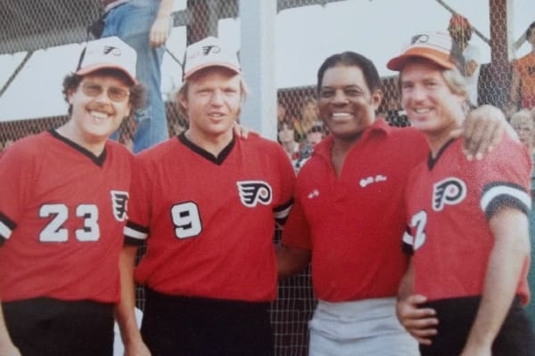 Lou Nolan, Bob Kelly, Willie Mays and Joe Kedlec in 1980. Philadelphia Flyers photo courtesy of Ellen Nolan.
