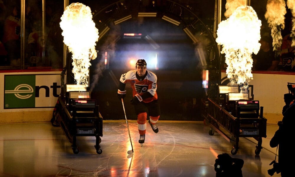 Matvei Michkov skating onto the ice for the Philadelphia Flyers