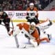 Philadelphia Flyers goalie Ivan Fedotov dives to his left to make a save against the Ottawa Senators.