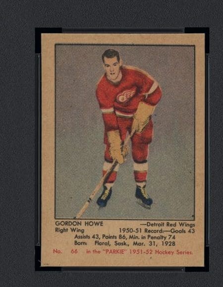 A 1951 Parkhurst Gordie Howe rookie trading card,rated a PSA 8.5, sold for more than $210,000 at a recent auction.