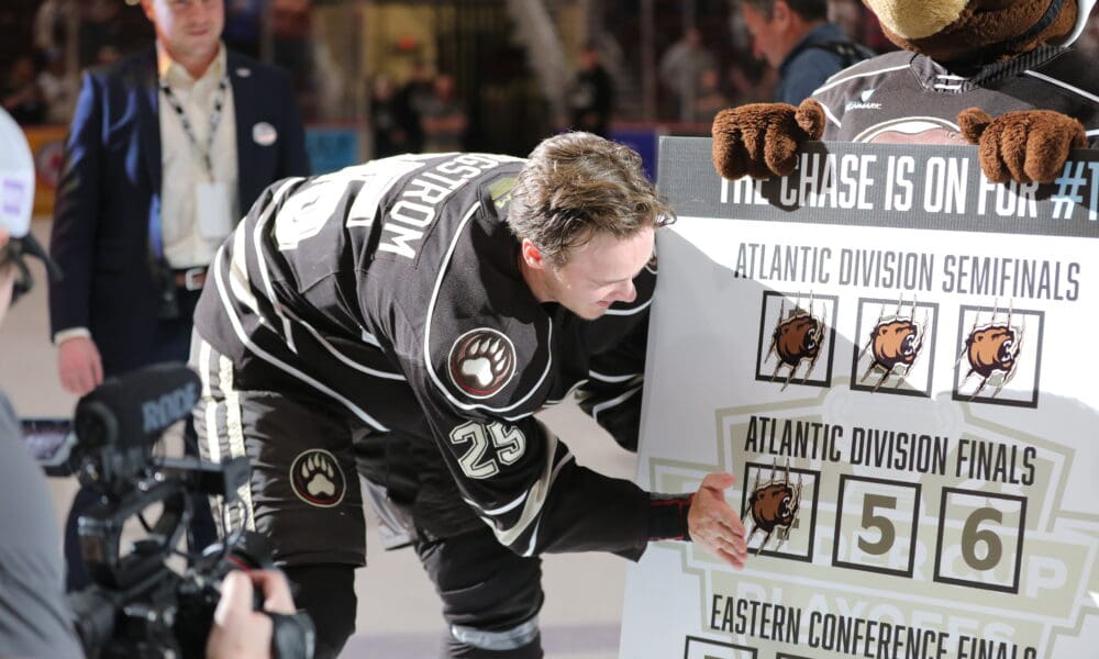 Hershey Bears forward Henrik Borgstrom tallies a win following Game 1 of the Atlantic Division Championship.