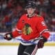 APRIL 14: Frank Nazar #91 of the Chicago Blackhawks during the second period against the Carolina Hurricanes at the United Center on April 14, 2024 in Chicago, Illinois.