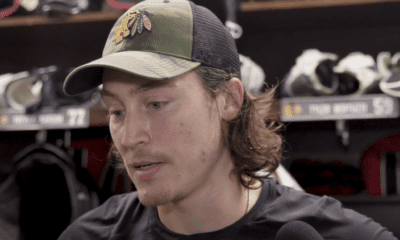 Blackhawks forward Tyler Bertuzzi speaks with the media following practice on Sept. 20.