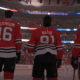 Blackhawks players lineup for the national anthem.