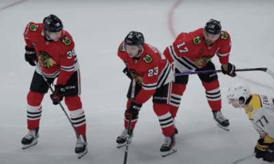 Ethan Del Mastro, #38, Philipp Kurashev #23 and Nick Foligno #17 await the faceoff in the defensive zone against the Nashville Predators.