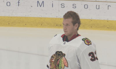 Drew Commesso awaits puck drop of the Blackhawks prospect game against the St. Louis Blues on Sept. 13.