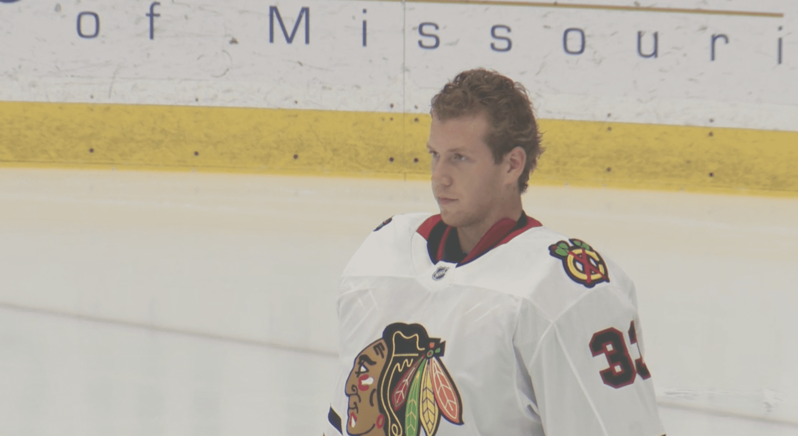 Drew Commesso awaits puck drop of the Blackhawks prospect game against the St. Louis Blues on Sept. 13.