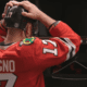 Nick Foligno gets ready in the locker room for the Chicago Blackhawks game.