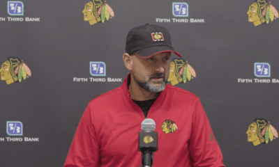 Anders Sorensen addressing the media after practice at the Chicago Blackhawks prospect camp.