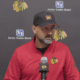 Anders Sorensen addressing the media after practice at the Chicago Blackhawks prospect camp.
