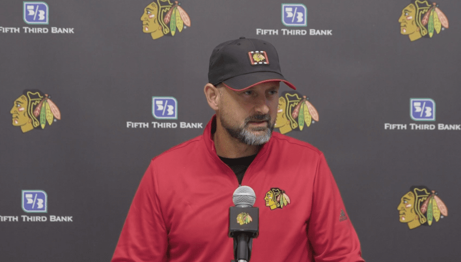 Anders Sorensen addressing the media after practice at the Chicago Blackhawks prospect camp.