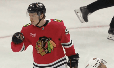 Connor Bedard #98, celebrates after scoring a goal against the Nashville Predators.