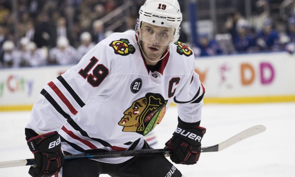 Chicago Blackhawks center Jonathan Toews lines up for a face-off in the first period of an NHL hockey game against the New York Rangers, Thursday, Jan. 17, 2019, at Madison Square Garden in New York. (AP Photo/Mary Altaffer)