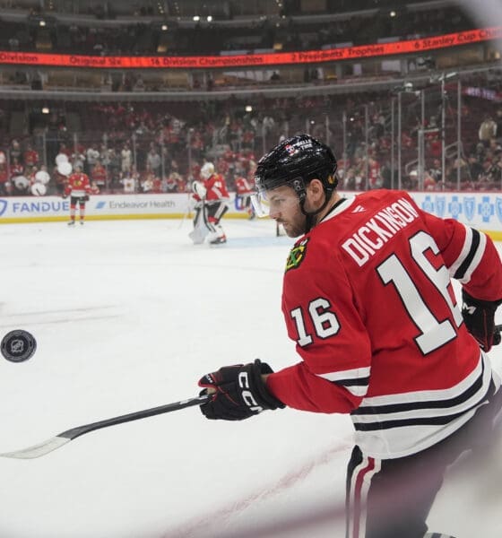 Chicago Blackhawks center Jason Dickinson warms up before an NHL hockey game against the Detroit Red Wings, Wednesday, Nov. 6, 2024, in Chicago. (AP Photo/Erin Hooley)