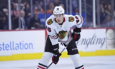 Chicago Blackhawks' Louis Crevier plays during an NHL hockey game, Saturday, Nov. 23, 2024, in Philadelphia. (AP Photo/Matt Slocum)