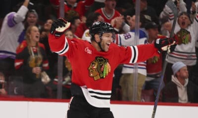 Chicago Blackhawks left wing Taylor Hall celebrates after scoring his third goal during the second period of an NHL hockey game against the Dallas Stars, Wednesday, Nov. 27, 2024, in Chicago. (AP Photo/Melissa Tamez)