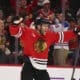 Chicago Blackhawks left wing Taylor Hall celebrates after scoring his third goal during the second period of an NHL hockey game against the Dallas Stars, Wednesday, Nov. 27, 2024, in Chicago. (AP Photo/Melissa Tamez)