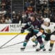 Anaheim Ducks center Trevor Zegras, left, and Vegas Golden Knights defenseman Shea Theodore vie for the puck during the first period of an NHL hockey game Sunday, Nov. 5, 2023, in Anaheim, Calif. (AP Photo/Ryan Sun)