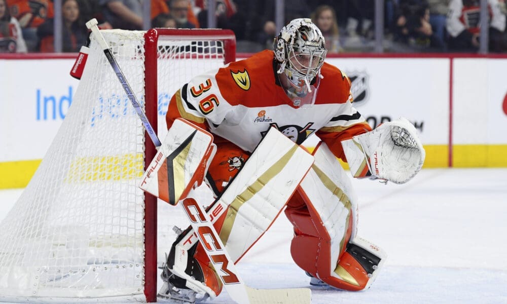 Anaheim Ducks goaltender John Gibson in action during an NHL hockey game against the Philadelphia Flyers, Saturday, Jan. 11, 2025, in Philadelphia. (AP Photo/Derik Hamilton)