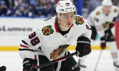 Chicago Blackhawks center Connor Bedard (98) against the Tampa Bay Lightning during the third period of an NHL hockey game Tuesday, Jan. 28, 2025, in Tampa, Fla. (AP Photo/Chris O'Meara)