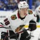 Chicago Blackhawks center Connor Bedard (98) against the Tampa Bay Lightning during the third period of an NHL hockey game Tuesday, Jan. 28, 2025, in Tampa, Fla. (AP Photo/Chris O'Meara)