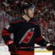 Carolina Hurricanes' Mikko Rantanen (96) waits for a face-off against the Chicago Blackhawks during the second period of an NHL hockey game in Raleigh, N.C., Sunday, Feb. 2, 2025. (AP Photo/Karl DeBlaker)