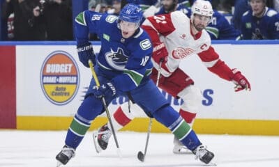 Former Golden Knights trade target and Vancouver Canucks winger Drew O'Connor skates with the puck