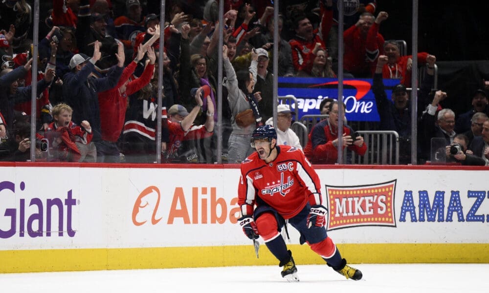 Washington Capitals left wing Alex Ovechkin celebrates after his goal during the second period of an NHL hockey game against the Edmonton Oilers, Sunday, Feb. 23, 2025, in Washington. (AP Photo/Nick Wass)