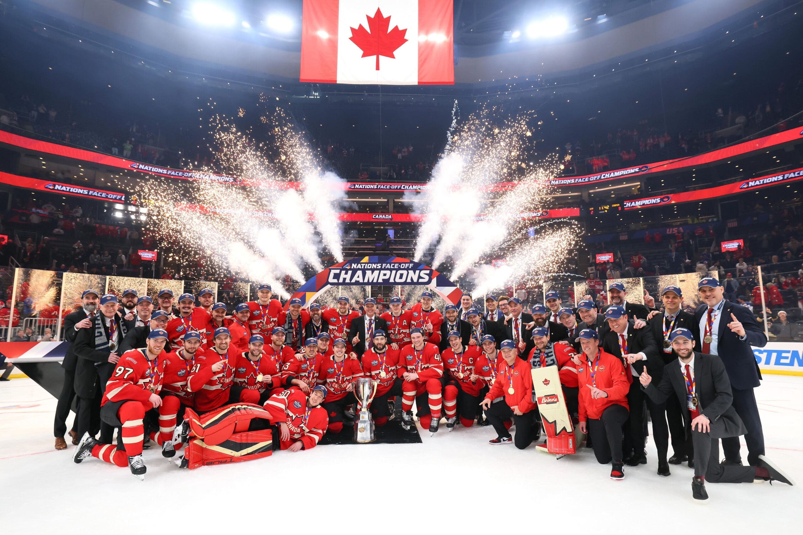 Team Canada poses for championship photo after winning 4 Nation Face-Off Tournament (Photo/Screenshot- NHL via Twitter)