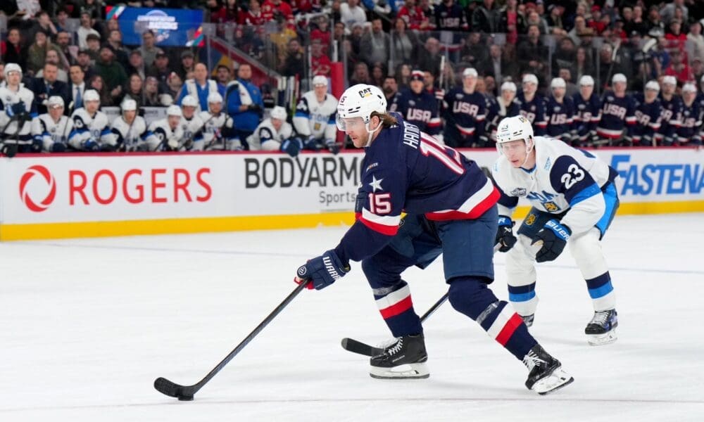 Vegas Golden Knights defenseman Noah Hanifin on a breakaway for Team USA. (Photo/Screenshot- Vegas Golden Knights via Twitter)