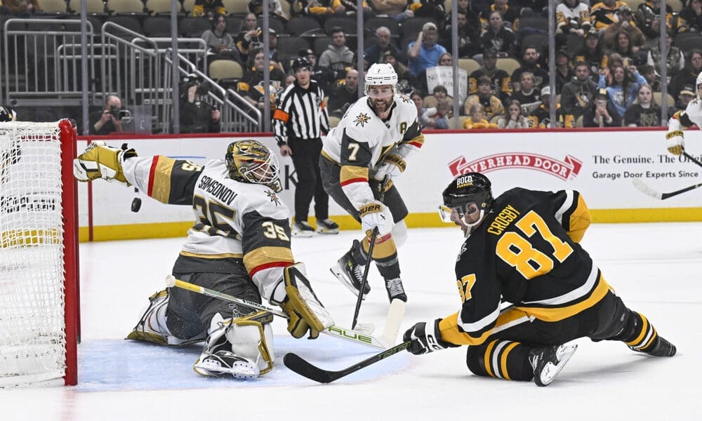 PITTSBURGH, PA - MARCH 11: Pittsburgh Penguins center Sidney Crosby (87) scores a goal against Vegas Golden Knights goaltender Ilya Samsonov (35) during the first period in the NHL game between the Pittsburgh Penguins and the Vegas Golden Knights on March 11, 2025, at PPG Paints Arena in Pittsburgh, PA. (Photo by Jeanine Leech/Icon Sportswire)