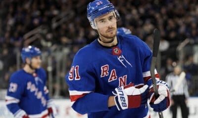 New York Rangers right wing Reilly Smith skates during an NHL hockey game against the St. Louis Blues, Monday, Nov. 25, 2024, in New York. The Blues won 5-2. (AP Photo/Julia Demaree Nikhinson)