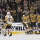 Vegas Golden Knights right wing Mark Stone, second from right, celebrates after scoring against the Pittsburgh Penguins during the third period of an NHL hockey game Friday, March 7, 2025, in Las Vegas. (AP Photo/John Locher)