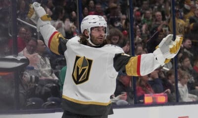 Vegas Golden Knights left wing Brandon Saad (20) celebrates his goal in the first period of an NHL hockey game against the Columbus Blue Jackets, Thursday, March 13, 2025, in Columbus, Ohio. (AP Photo/Sue Ogrocki)