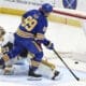 Buffalo Sabres right wing Alex Tuch (89) puts the puck past Vegas Golden Knights goaltender Adin Hill (33) for the game winning goal during a shootout in an NHL hockey game Saturday, March 15, 2025, in Buffalo, N.Y. (AP Photo/Jeffrey T. Barnes)