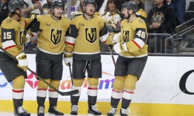 Vegas Golden Knights defenseman Noah Hanifin (15), left wing Pavel Dorofeyev (16), center Jack Eichel (9) and center Tomas Hertl (48) celebrate after Dorofeyev's first goal during the second period of an NHL hockey game against the Boston Bruins Thursday, March 20, 2025, in Las Vegas. (AP Photo/Ian Maule)
