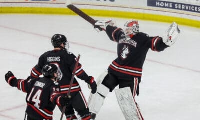 Golden Knights prospect and Northeastern Huskies goaltender Cameron Whitehead celebrates with Jake Higgins and Joe Connor after a win over the Boston College Eagles on 3/15/2025 (Photo/Screenshot- gonumhockey via Instagram)