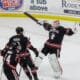 Golden Knights prospect and Northeastern Huskies goaltender Cameron Whitehead celebrates with Jake Higgins and Joe Connor after a win over the Boston College Eagles on 3/15/2025 (Photo/Screenshot- gonumhockey via Instagram)