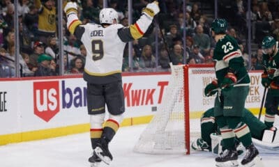 Jack Eichel celebrates after scoring a goal vs the Minnesota Wild (Photo/Screenshot- Vegas Golden Knights via Twitter)