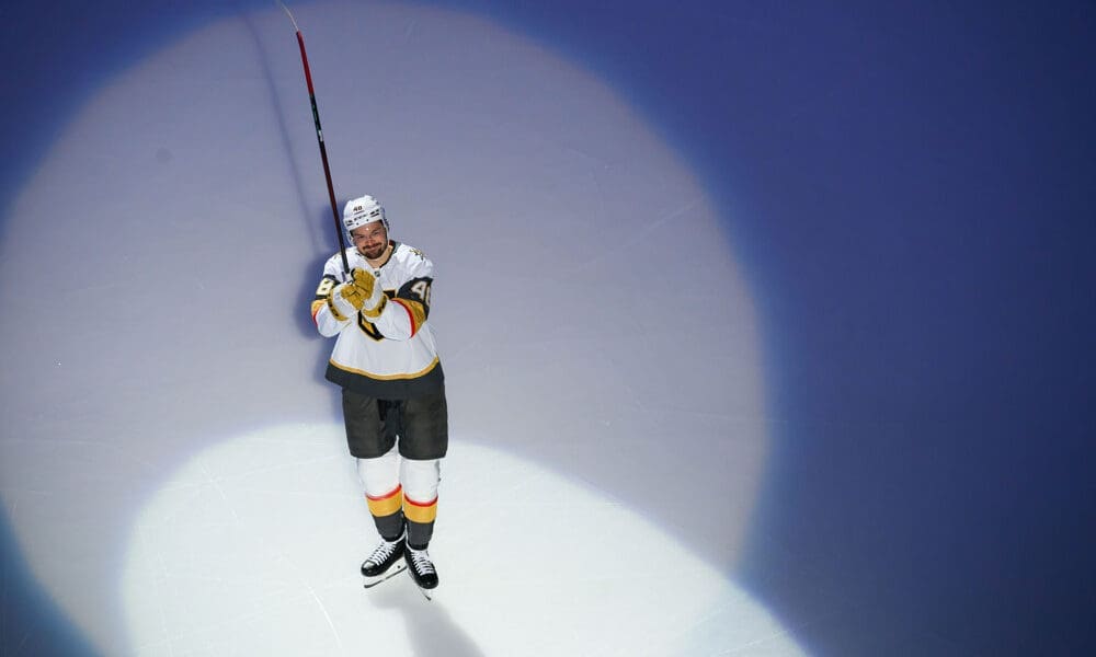 SAN JOSE, CA - DECEMBER 27: San Jose Sharks celebrates the return of Vegas Golden Knights center Tomas Hertl (48) before a NHL game between the Vegas Golden Knights and the San Jose Sharks on December 27, 2024 at SAP Center in San Jose, CA. (Photo by Trinity Machan/Icon Sportswire)