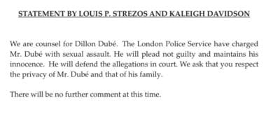 Statement from Dillon Dube's lawyers