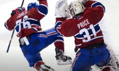 Montreal Canadiens players P.K. Subban and Carey Price celebrate a victory