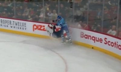 Canadiens defenceman Mike Matheson hits Eric Staal