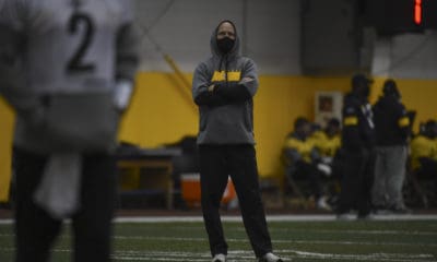 Pittsburgh Steelers offensive coordinator Matt Canada watches a practice in 2020.