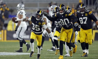 Pittsburgh Steelers cornerback Arthur Maulet (35) celebrates after a play during an NFL football game against the Las Vegas Raiders, Sunday, Dec. 24, 2022, in Pittsburgh. (AP Photo/Tyler Kaufman)